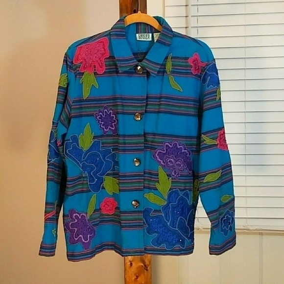 Chico's Jackets & Blazers - Chico's Blue Cotton Silk Flower Appliques Embroidered Beaded Size 2 Jacket Coat